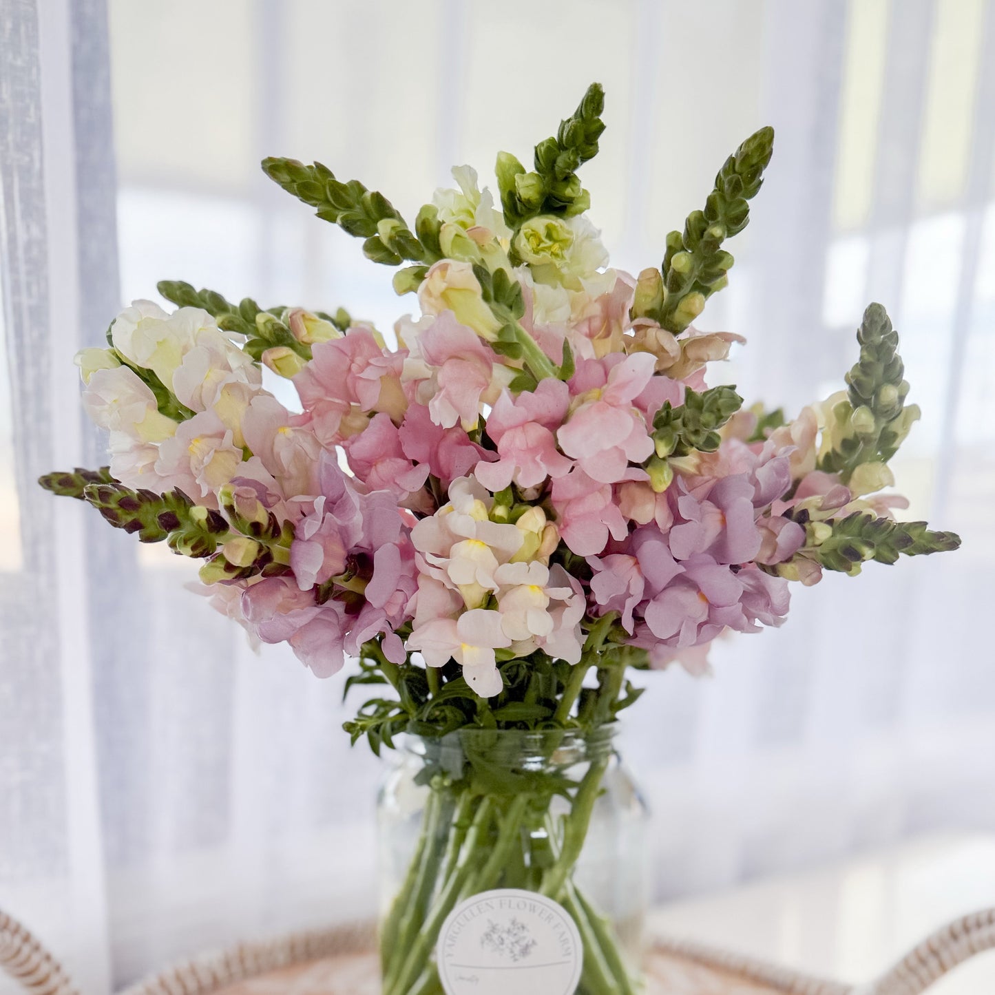 Bouquet of pink and white flowers in a clear glass vase on a textured surface with a blurred background.